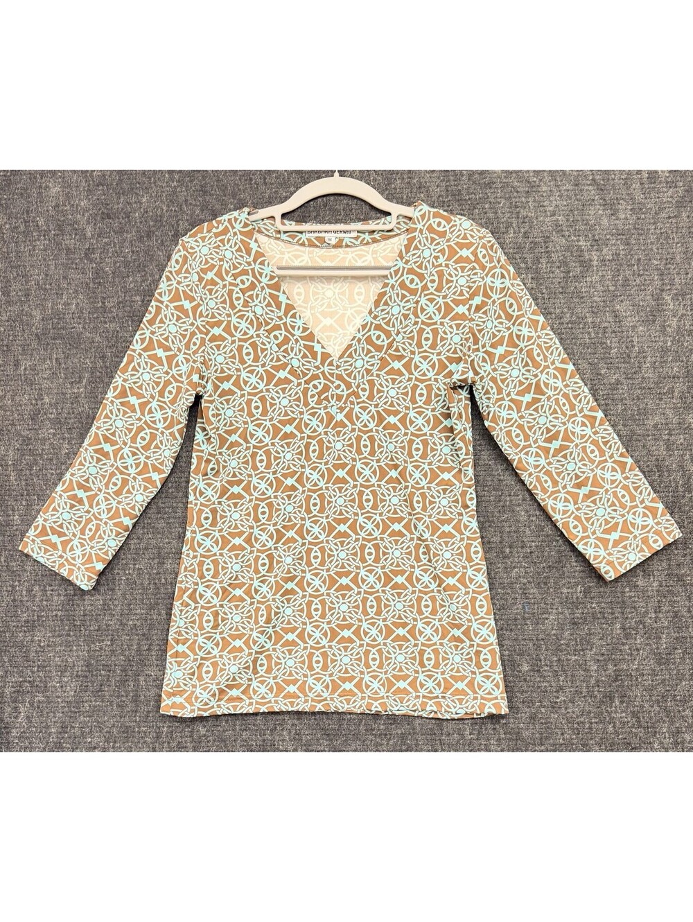 Barbara Gerwit MediumBrown Turquoise Geometric 3/4 Sleeve Stretch Tunic Top Boho